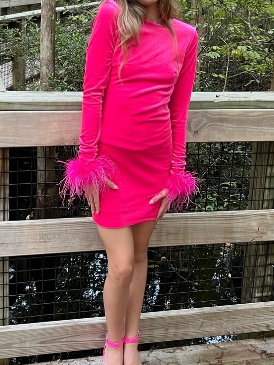 Dresses & Skirts - Hot Pink Feather Cuff Long-Sleeve Kids Dress